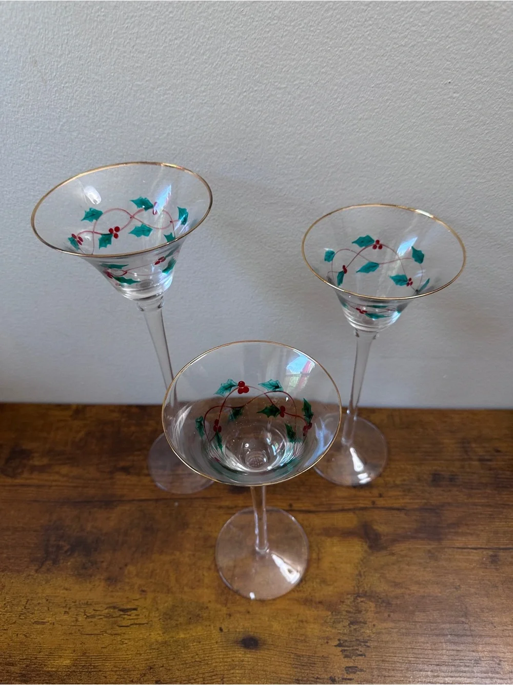 Trim A Home Christmas Glass Voti­ve Candle Holders Tartan Ribbon Holly Set of 3